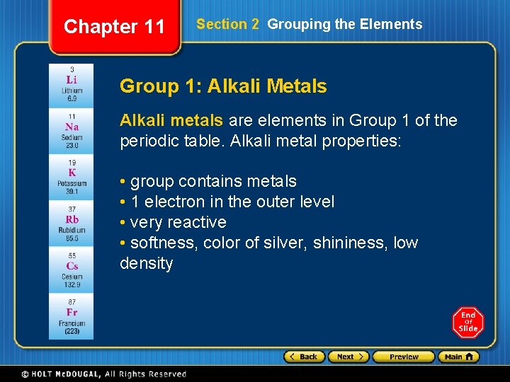 Chapter 11 Section 2 Grouping the Elements Group 1: Alkali Metals Alkali metals are