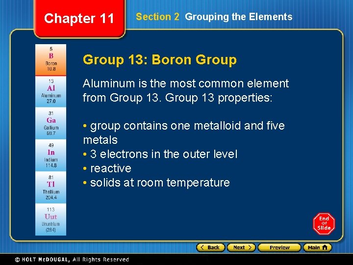 Chapter 11 Section 2 Grouping the Elements Group 13: Boron Group Aluminum is the