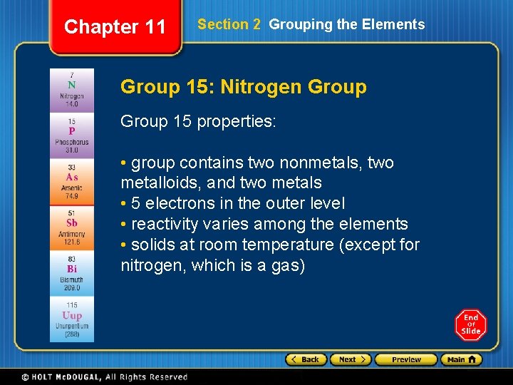 Chapter 11 Section 2 Grouping the Elements Group 15: Nitrogen Group 15 properties: •