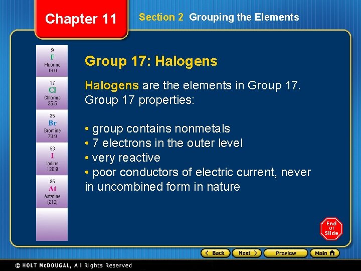 Chapter 11 Section 2 Grouping the Elements Group 17: Halogens are the elements in
