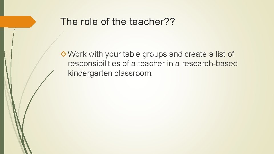 The role of the teacher? ? Work with your table groups and create a