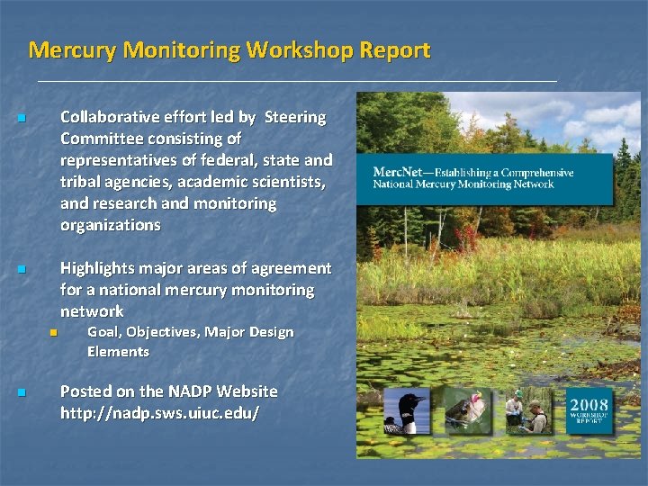 Mercury Monitoring Workshop Report Collaborative effort led by Steering Committee consisting of representatives of Mercury Monitoring Workshop Report Collaborative effort led by Steering Committee consisting of representatives of
