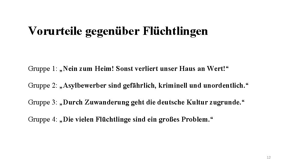 Vorurteile gegenüber Flüchtlingen Gruppe 1: „Nein zum Heim! Sonst verliert unser Haus an Wert!“