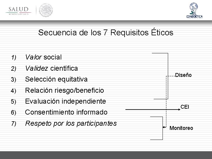 Secuencia de los 7 Requisitos Éticos 1) Valor social 2) Validez científica 3) Selección