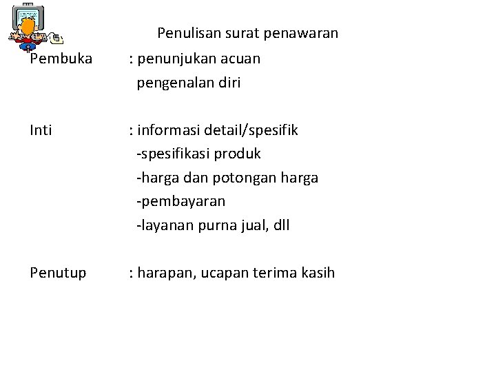 Penulisan surat penawaran Pembuka : penunjukan acuan pengenalan diri Inti : informasi detail/spesifik -spesifikasi