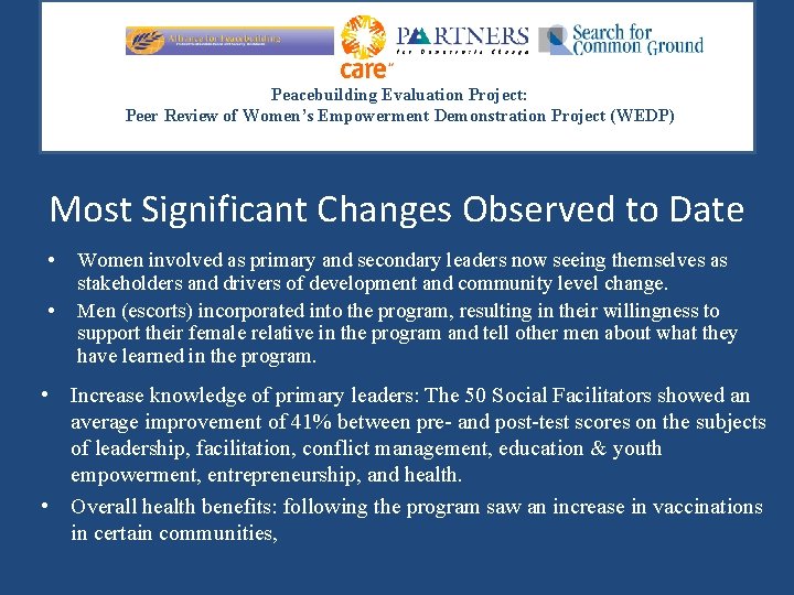 Peacebuilding Evaluation Project: Peer Review of Women’s Empowerment Demonstration Project (WEDP) Most Significant Changes