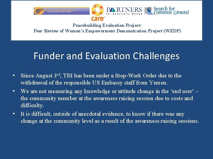 Peacebuilding Evaluation Project: Peer Review of Women’s Empowerment Demonstration Project (WEDP) Funder and Evaluation