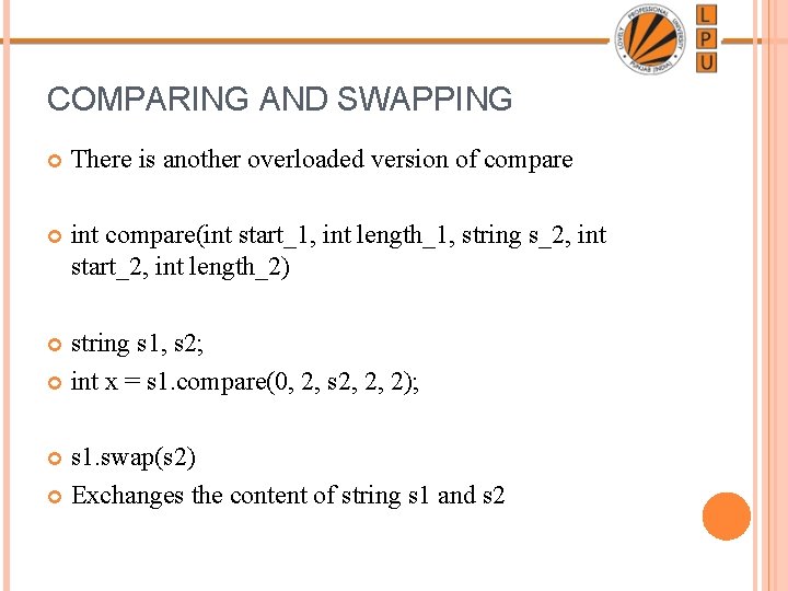 COMPARING AND SWAPPING There is another overloaded version of compare int compare(int start_1, int COMPARING AND SWAPPING There is another overloaded version of compare int compare(int start_1, int