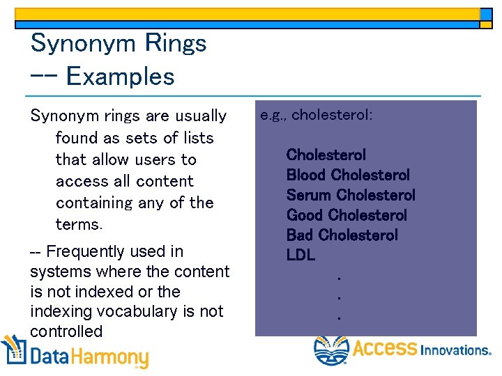 Synonym Rings -- Examples Synonym rings are usually found as sets of lists that