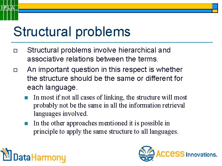 Structural problems o o Structural problems involve hierarchical and associative relations between the terms.