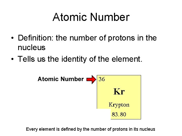 Atomic Number • Definition: the number of protons in the nucleus • Tells us