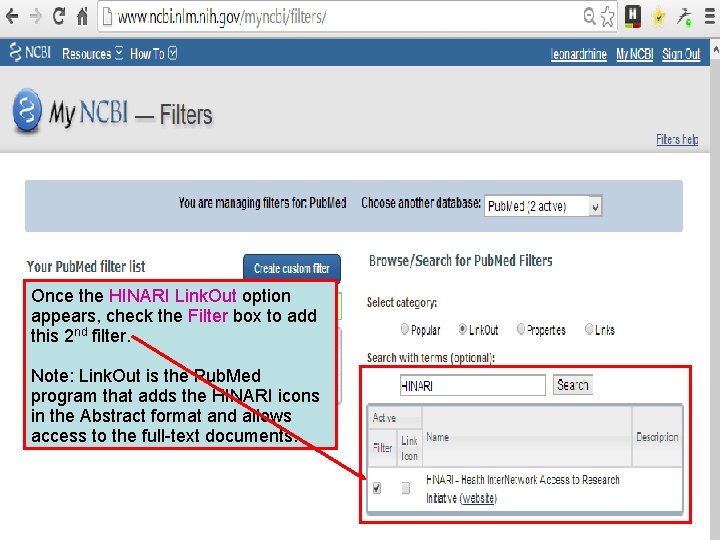 Once the HINARI Link. Out option appears, check the Filter box to add this