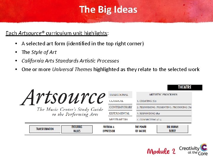The Big Ideas Each Artsource® curriculum unit highlights: • • A selected art form