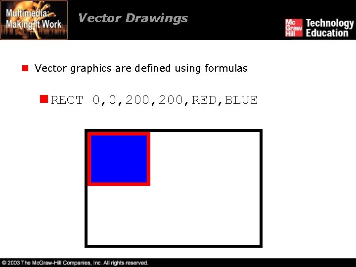 Vector Drawings n Vector graphics are defined using formulas n RECT 0, 0, 200,