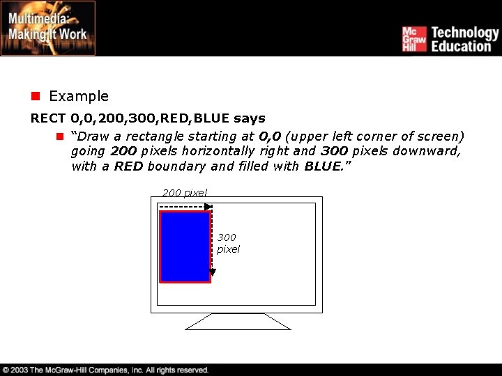 n Example RECT 0, 0, 200, 300, RED, BLUE says n “Draw a rectangle