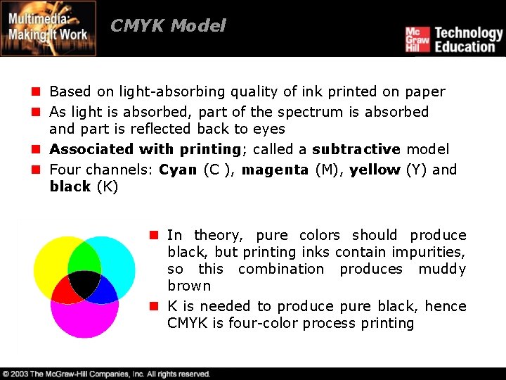 CMYK Model n Based on light-absorbing quality of ink printed on paper n As