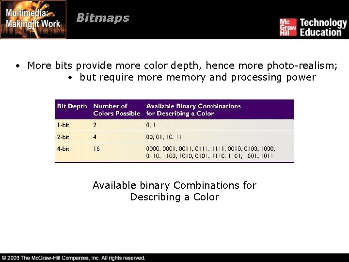 Bitmaps • More bits provide more color depth, hence more photo-realism; • but require