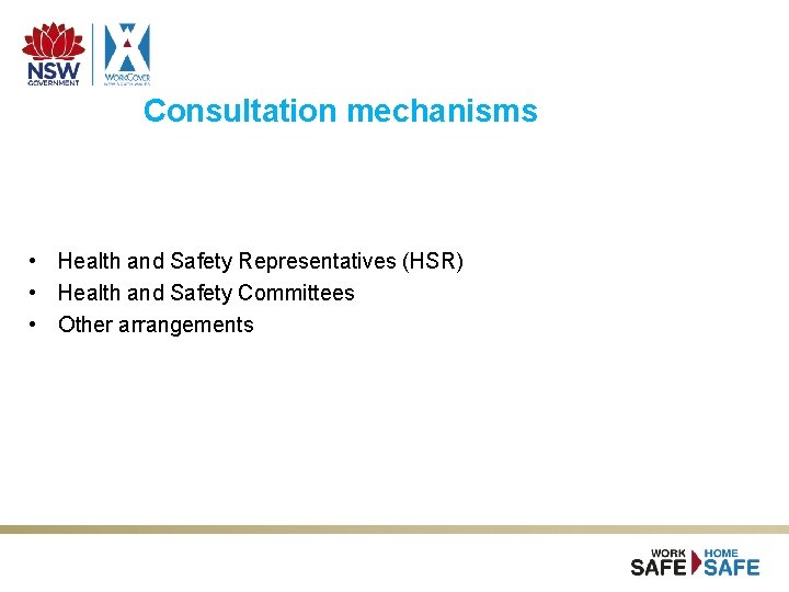 Consultation mechanisms • Health and Safety Representatives (HSR) • Health and Safety Committees • Consultation mechanisms • Health and Safety Representatives (HSR) • Health and Safety Committees •