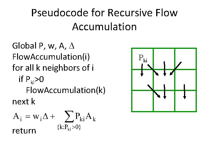 Pseudocode for Recursive Flow Accumulation Global P, w, A, Flow. Accumulation(i) for all k