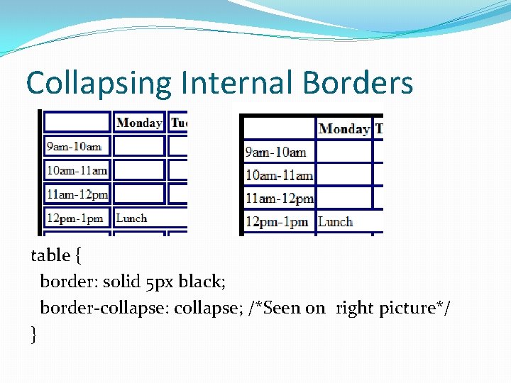 Collapsing Internal Borders table { border: solid 5 px black; border-collapse: collapse; /*Seen on Collapsing Internal Borders table { border: solid 5 px black; border-collapse: collapse; /*Seen on