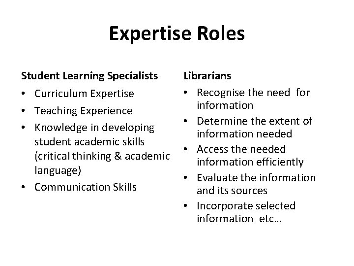 Expertise Roles Student Learning Specialists • Curriculum Expertise • Teaching Experience • Knowledge in