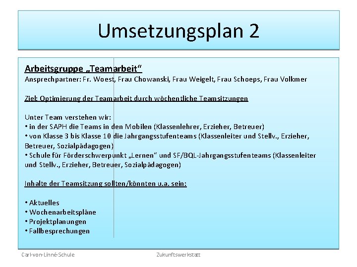 Umsetzungsplan 2 Arbeitsgruppe „Teamarbeit“ Ansprechpartner: Fr. Woest, Frau Chowanski, Frau Weigelt, Frau Schoeps, Frau