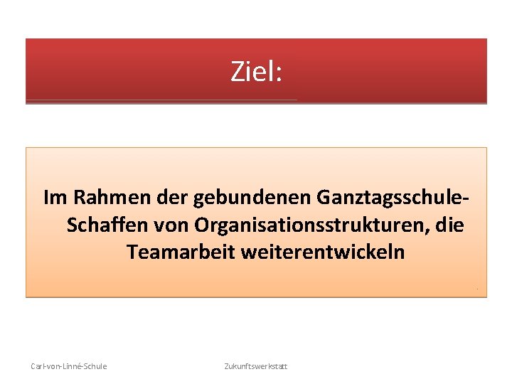 Ziel: Im Rahmen der gebundenen Ganztagsschule. Schaffen von Organisationsstrukturen, die Teamarbeit weiterentwickeln Carl-von-Linné-Schule Zukunftswerkstatt