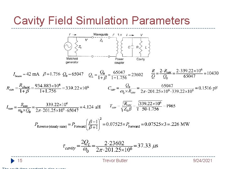 Cavity Field Simulation Parameters 15 Trevor Butler 9/24/2021 