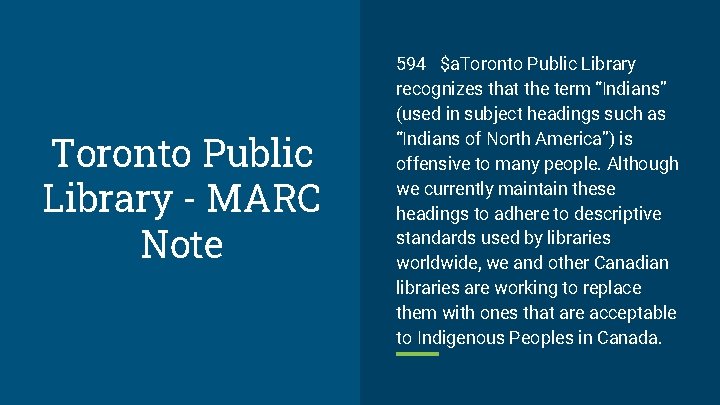 Toronto Public Library - MARC Note 594 $a. Toronto Public Library recognizes that the