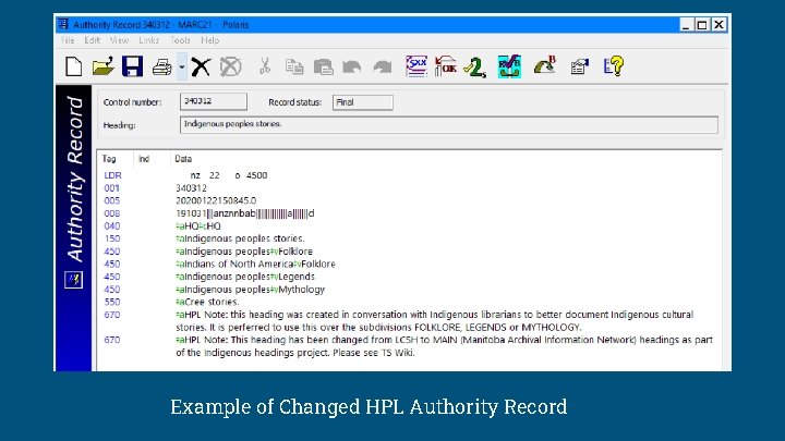 Example of Changed HPL Authority Record 