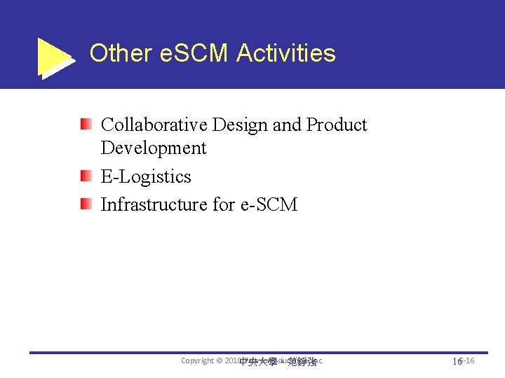 Other e. SCM Activities Collaborative Design and Product Development E-Logistics Infrastructure for e-SCM Copyright