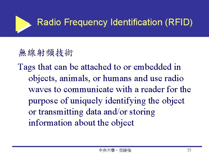 Radio Frequency Identification (RFID) 無線射頻技術 Tags that can be attached to or embedded in