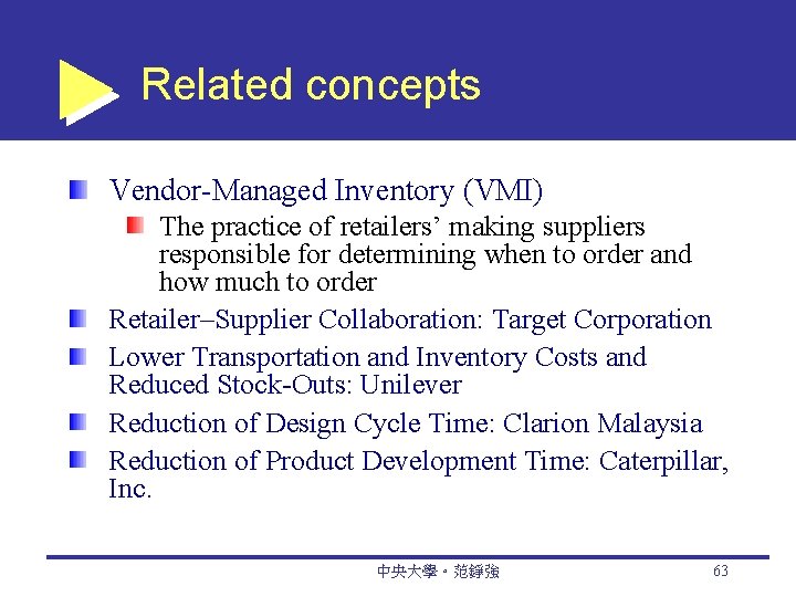 Related concepts Vendor-Managed Inventory (VMI) The practice of retailers’ making suppliers responsible for determining