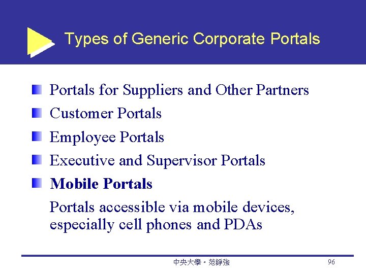 Types of Generic Corporate Portals for Suppliers and Other Partners Customer Portals Employee Portals