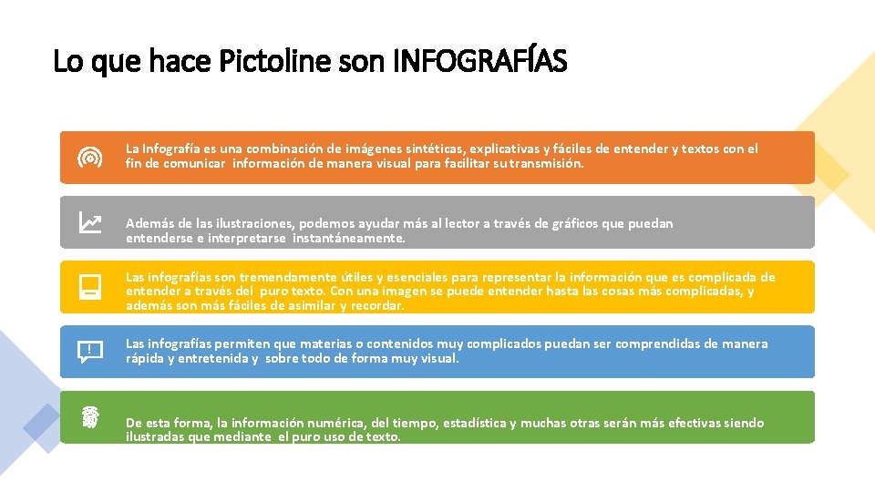 Lo que hace Pictoline son INFOGRAFÍAS La Infografía es una combinación de imágenes sintéticas,