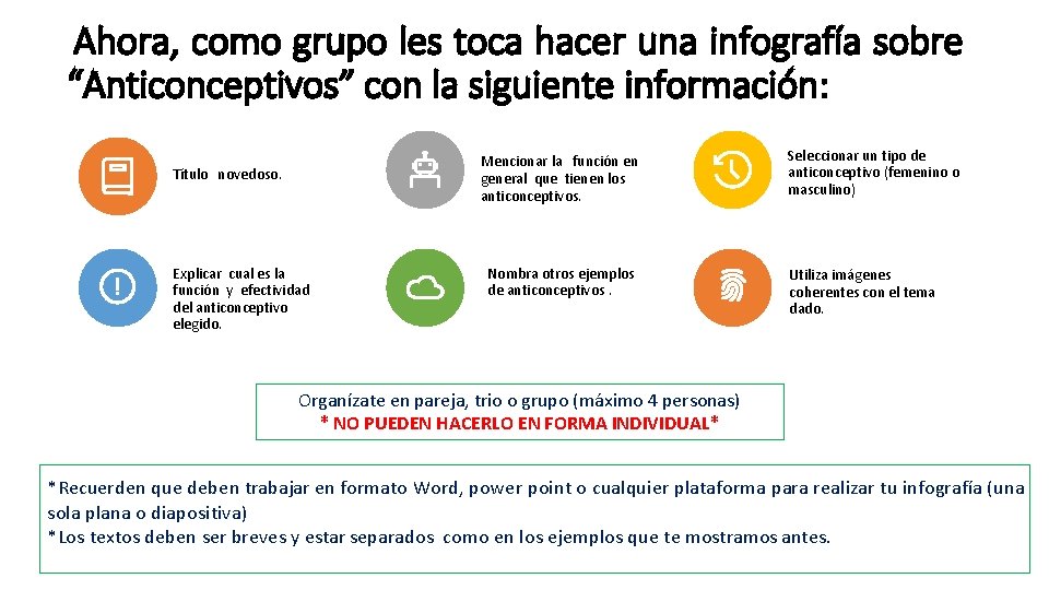 Ahora, como grupo les toca hacer una infografía sobre “Anticonceptivos” con la siguiente información: