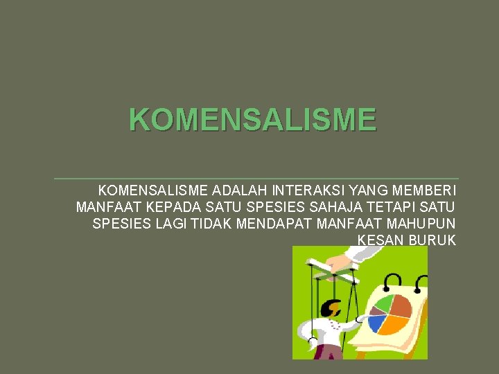 KOMENSALISME ADALAH INTERAKSI YANG MEMBERI MANFAAT KEPADA SATU SPESIES SAHAJA TETAPI SATU SPESIES LAGI