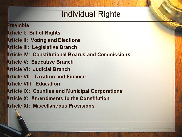 Individual Rights Preamble Article I: Bill of Rights Article II: Voting and Elections Article
