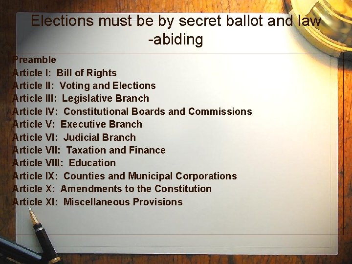 Elections must be by secret ballot and law -abiding Preamble Article I: Bill of