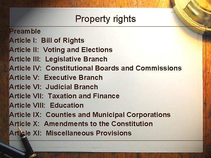 Property rights Preamble Article I: Bill of Rights Article II: Voting and Elections Article