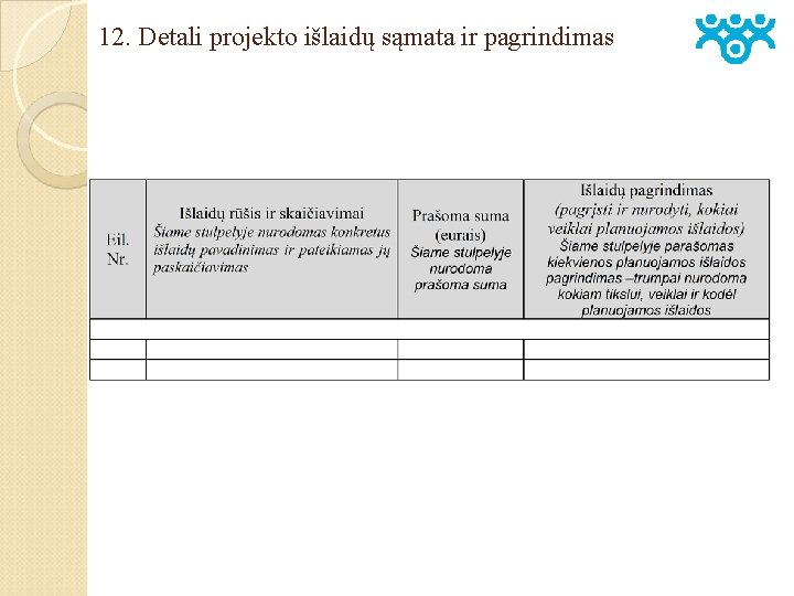 12. Detali projekto išlaidų sąmata ir pagrindimas 