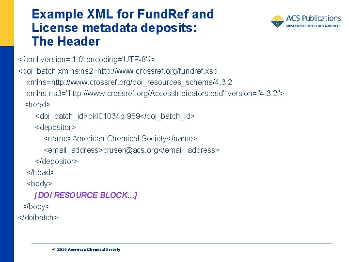 Example XML for Fund. Ref and License metadata deposits: The Header <? xml version='1.