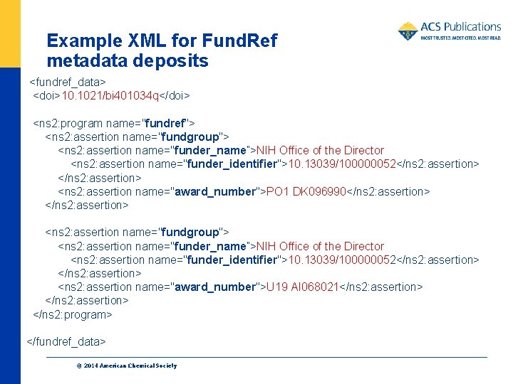 Example XML for Fund. Ref metadata deposits <fundref_data> <doi>10. 1021/bi 401034 q</doi> <ns 2: