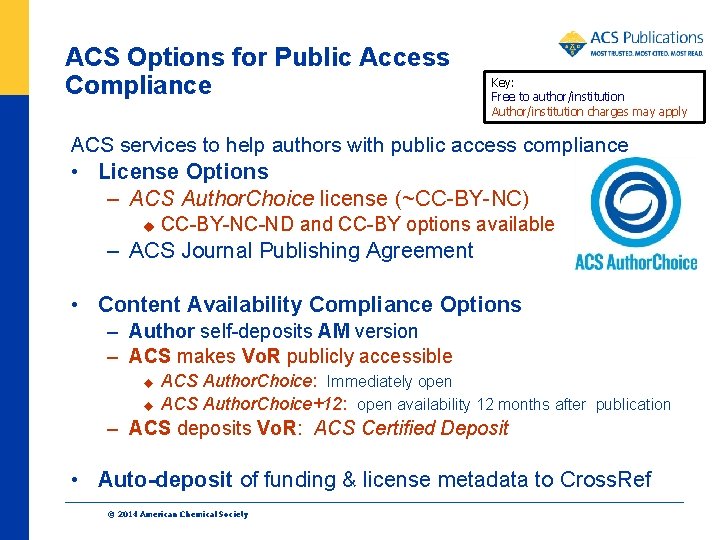 ACS Options for Public Access Compliance Key: Free to author/institution Author/institution charges may apply