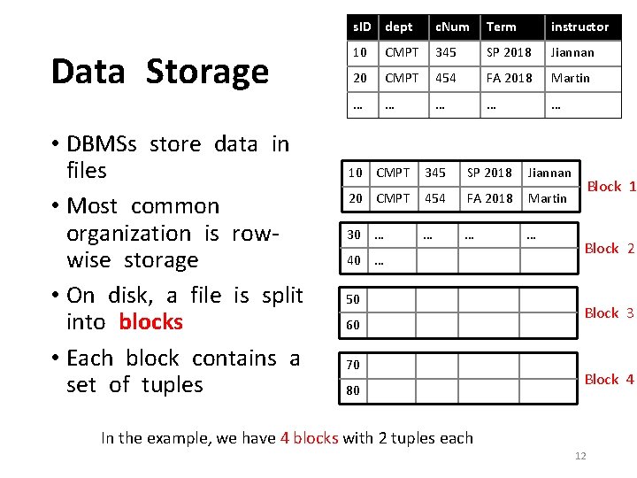 Data Storage • DBMSs store data in files • Most common organization is rowwise