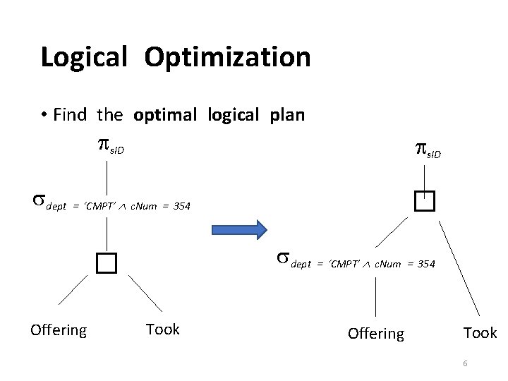 Logical Optimization • Find the optimal logical plan s. ID dept = ‘CMPT’ c.