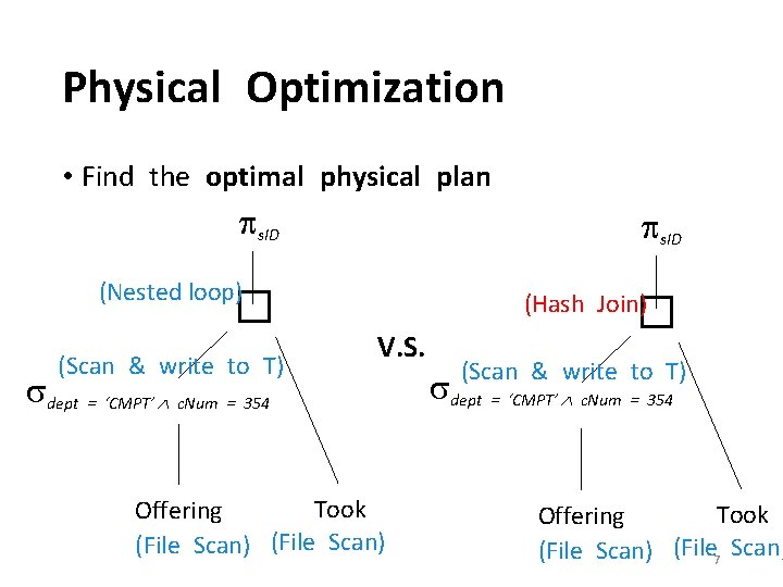 Physical Optimization • Find the optimal physical plan s. ID (Nested loop) � (Scan