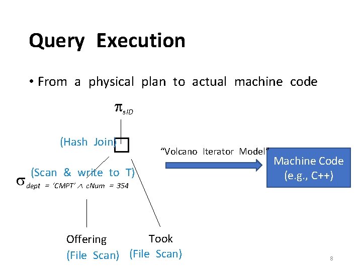 Query Execution • From a physical plan to actual machine code s. ID (Hash