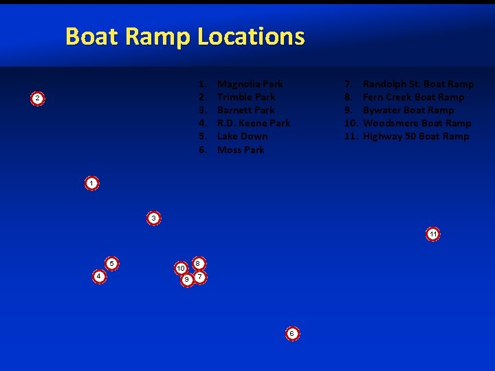 Boat Ramp Locations 1. 2. 3. 4. 5. 6. 2 Magnolia Park Trimble Park