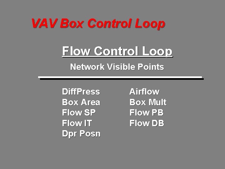 VAV Box Control Loop Flow Control Loop Network Visible Points Diff. Press Box Area